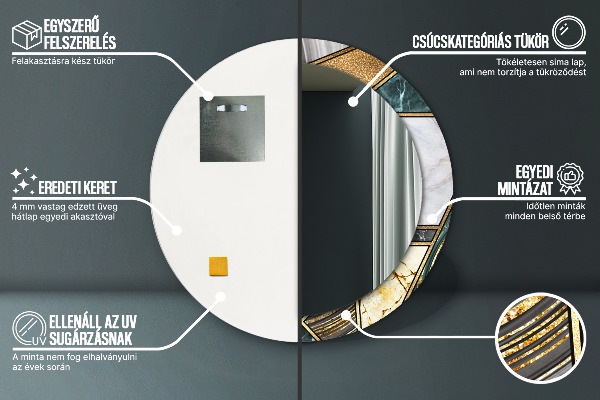 Lustro z drukowaną ramką okrągłe Marmur agat i złoto