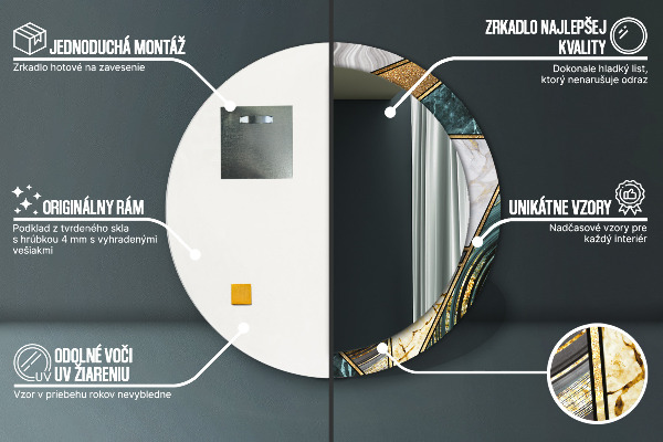 Lustro z drukowaną ramką okrągłe Marmur agat i złoto