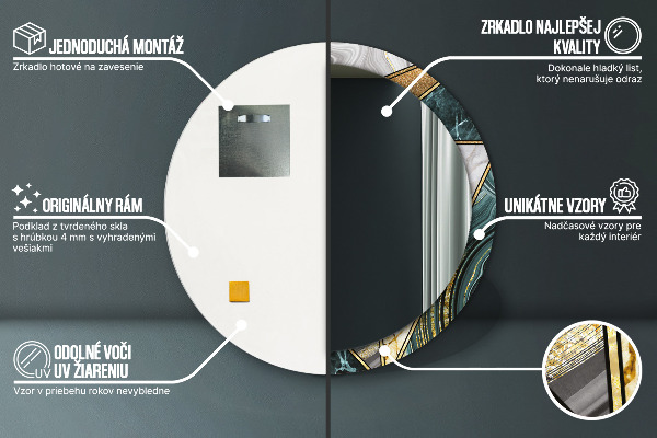 Lustro z drukowaną ramką okrągłe Marmur agat i złoto