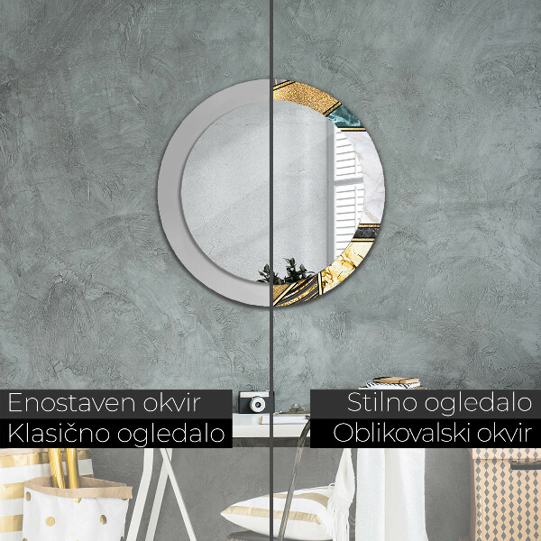 Lustro z drukowaną ramką okrągłe Marmur agat i złoto