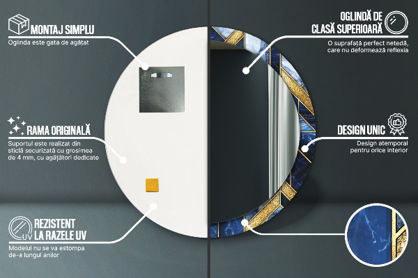 Lustro z drukowaną ramką okrągłe Nowoczesny marmur