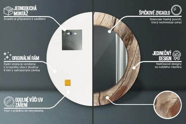 Lustro z drukowaną ramką okrągłe Pęknięte drewno