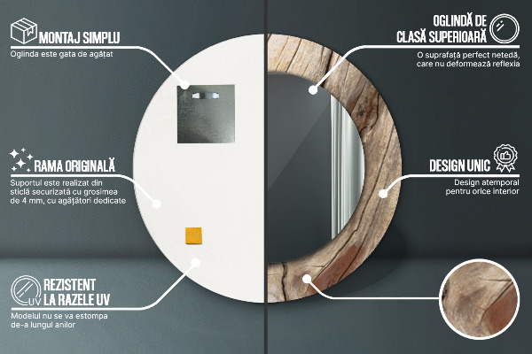 Lustro z drukowaną ramką okrągłe Pęknięte drewno