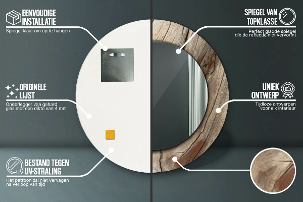 Lustro z drukowaną ramką okrągłe Pęknięte drewno