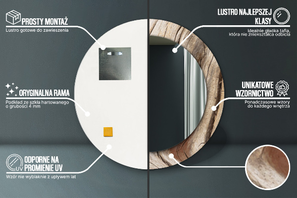 Lustro z drukowaną ramką okrągłe Pęknięte drewno