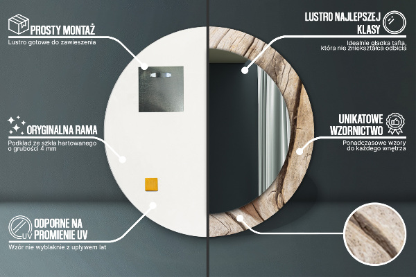 Lustro z drukowaną ramką okrągłe Pęknięte drewno