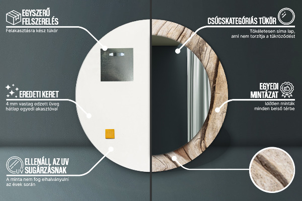 Lustro z drukowaną ramką okrągłe Pęknięte drewno