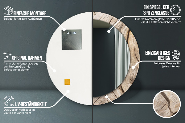 Lustro z drukowaną ramką okrągłe Pęknięte drewno