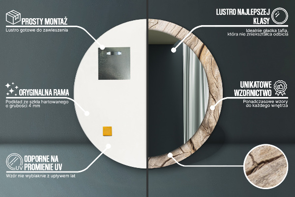 Lustro z drukowaną ramką okrągłe Pęknięte drewno