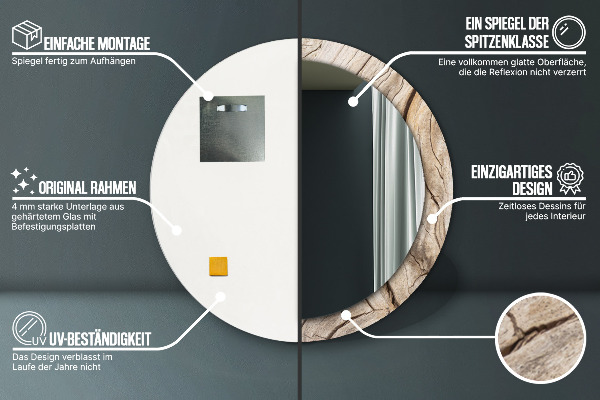 Lustro z drukowaną ramką okrągłe Pęknięte drewno