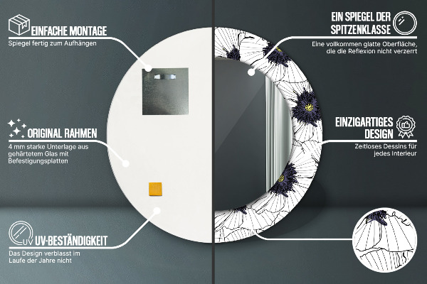 Lustro z drukowaną ramką okrągłe Liniowe kwiaty kompozycja