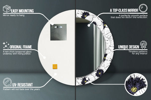 Lustro z drukowaną ramką okrągłe Liniowe kwiaty kompozycja