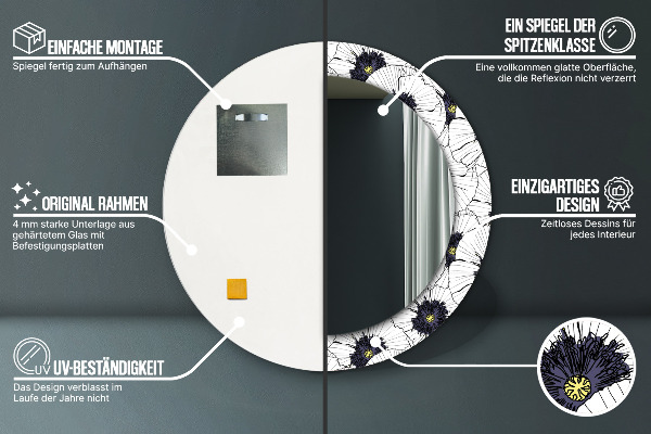Lustro z drukowaną ramką okrągłe Liniowe kwiaty kompozycja