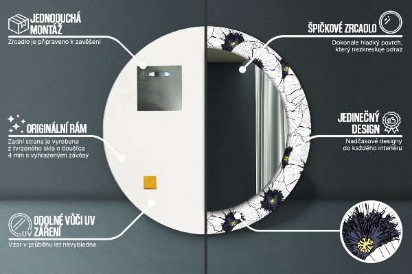 Lustro z drukowaną ramką okrągłe Liniowe kwiaty kompozycja