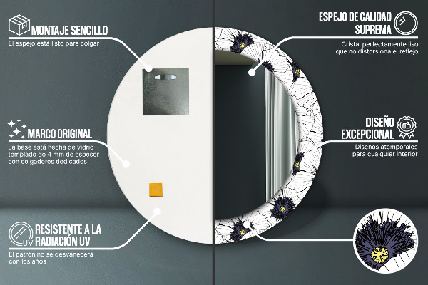 Lustro z drukowaną ramką okrągłe Liniowe kwiaty kompozycja