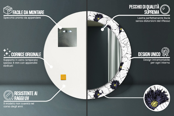 Lustro z drukowaną ramką okrągłe Liniowe kwiaty kompozycja