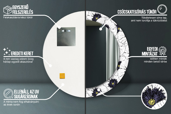 Lustro z drukowaną ramką okrągłe Liniowe kwiaty kompozycja