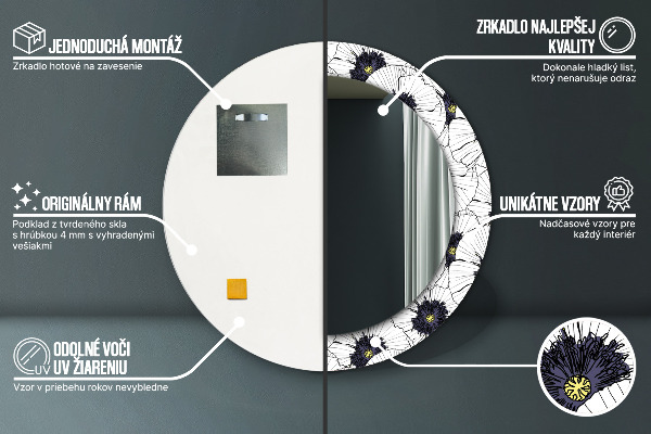 Lustro z drukowaną ramką okrągłe Liniowe kwiaty kompozycja
