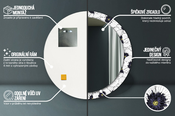 Lustro z drukowaną ramką okrągłe Liniowe kwiaty kompozycja