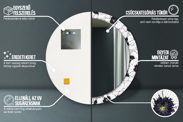 Lustro z drukowaną ramką okrągłe Liniowe kwiaty kompozycja