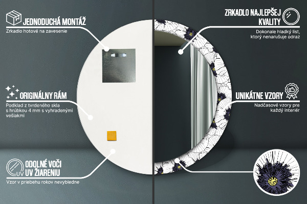 Lustro z drukowaną ramką okrągłe Liniowe kwiaty kompozycja