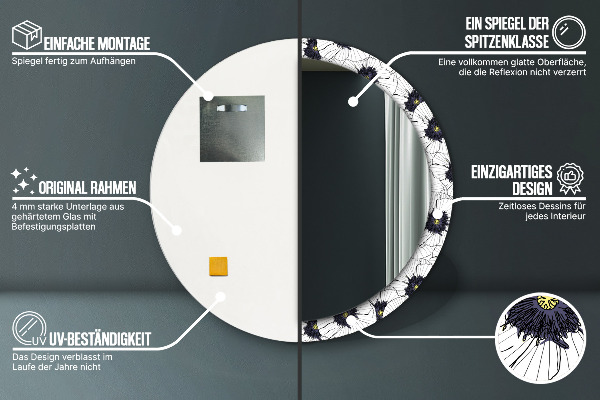 Lustro z drukowaną ramką okrągłe Liniowe kwiaty kompozycja