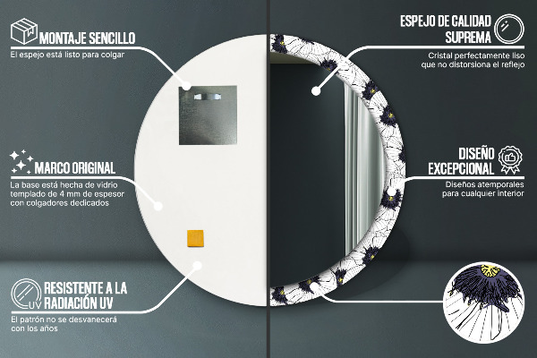 Lustro z drukowaną ramką okrągłe Liniowe kwiaty kompozycja