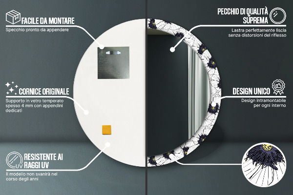 Lustro z drukowaną ramką okrągłe Liniowe kwiaty kompozycja