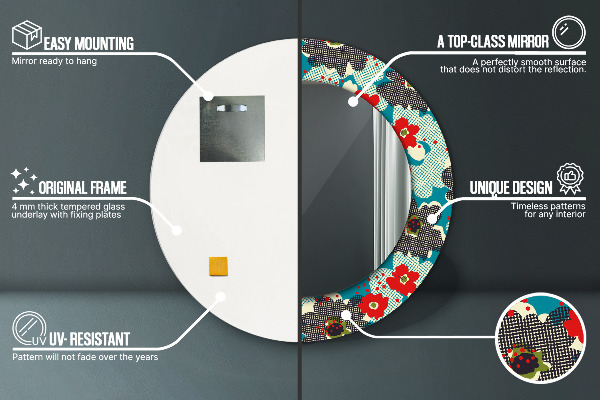 Lustro ramka z nadrukiem okrągłe Retro kwiaty wzór