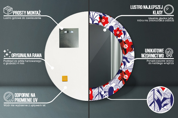 Lustro ramka z nadrukiem okrągłe Filodendron i czerwone kwiaty