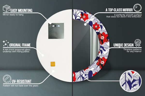 Lustro ramka z nadrukiem okrągłe Filodendron i czerwone kwiaty