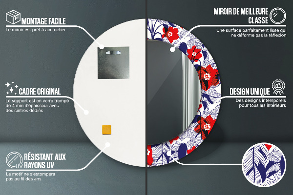 Lustro ramka z nadrukiem okrągłe Filodendron i czerwone kwiaty