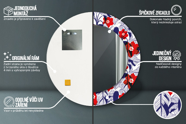 Lustro ramka z nadrukiem okrągłe Filodendron i czerwone kwiaty