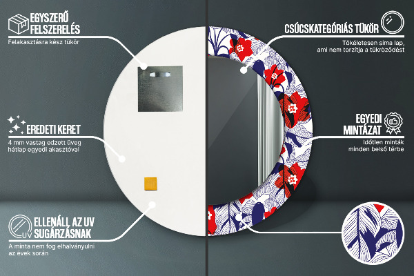 Lustro ramka z nadrukiem okrągłe Filodendron i czerwone kwiaty