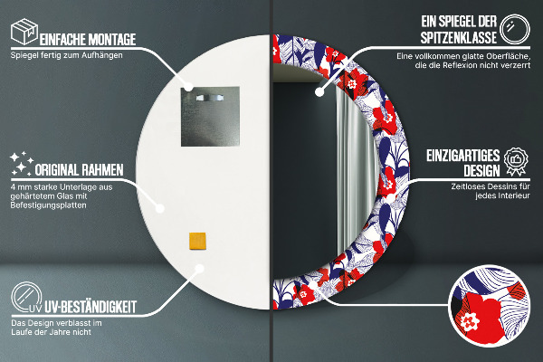 Lustro ramka z nadrukiem okrągłe Filodendron i czerwone kwiaty