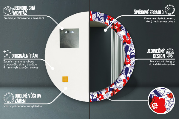 Lustro ramka z nadrukiem okrągłe Filodendron i czerwone kwiaty