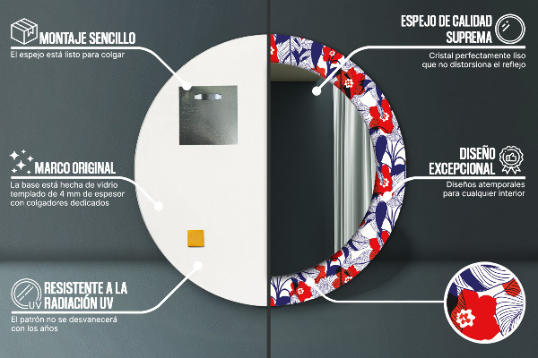 Lustro ramka z nadrukiem okrągłe Filodendron i czerwone kwiaty