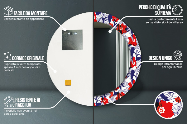 Lustro ramka z nadrukiem okrągłe Filodendron i czerwone kwiaty