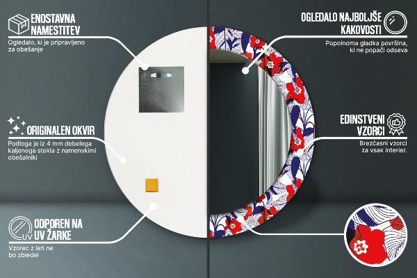 Lustro ramka z nadrukiem okrągłe Filodendron i czerwone kwiaty