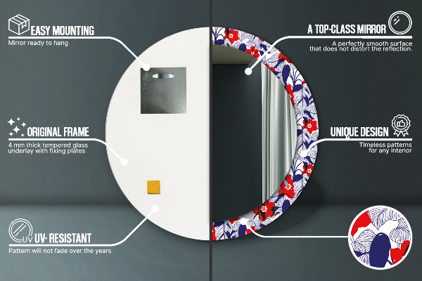 Lustro ramka z nadrukiem okrągłe Filodendron i czerwone kwiaty