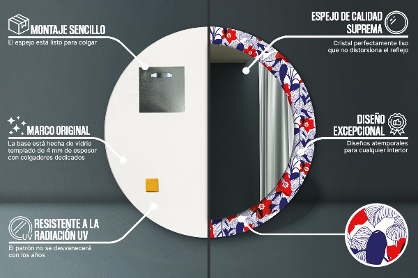 Lustro ramka z nadrukiem okrągłe Filodendron i czerwone kwiaty