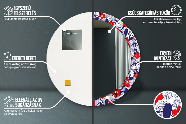 Lustro ramka z nadrukiem okrągłe Filodendron i czerwone kwiaty