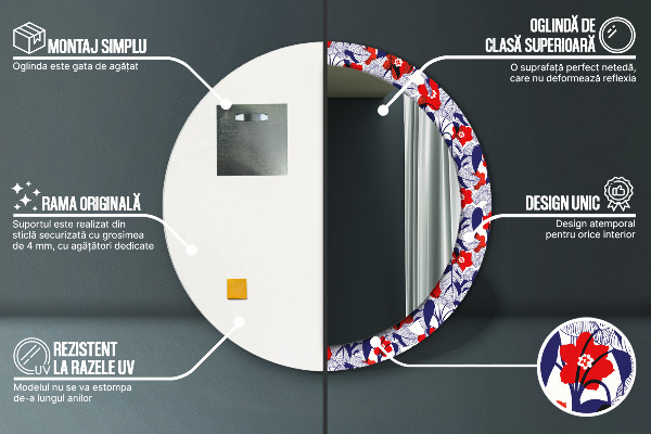 Lustro ramka z nadrukiem okrągłe Filodendron i czerwone kwiaty