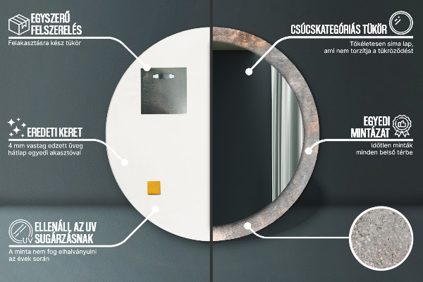 Lustro z drukowaną ramką okrągłe Vintage beton