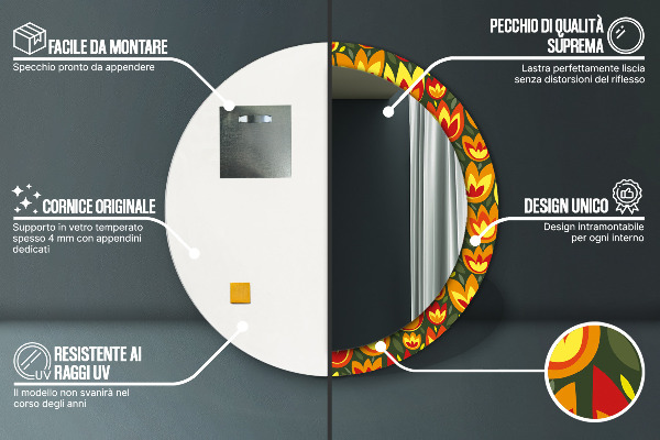 Lustro z drukowaną ramką okrągłe Tulipany retro