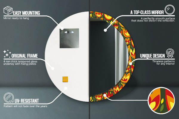 Lustro z drukowaną ramką okrągłe Tulipany retro