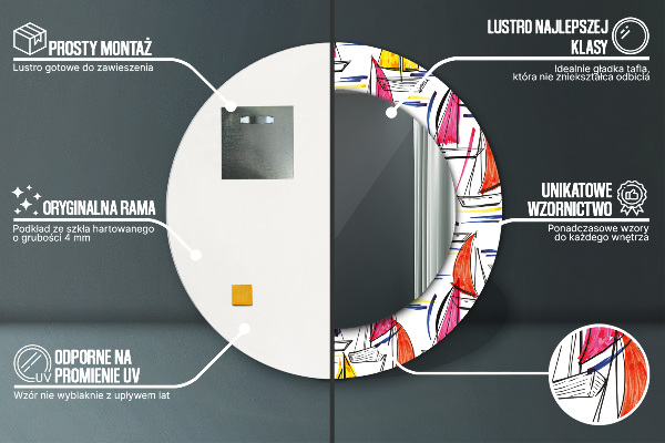 Lustro z drukowaną ramką okrągłe Łódź na jeziorze