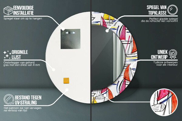 Lustro z drukowaną ramką okrągłe Łódź na jeziorze