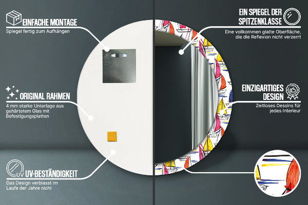 Lustro z drukowaną ramką okrągłe Łódź na jeziorze