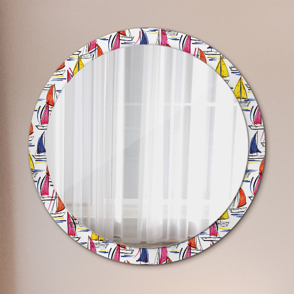 Lustro z drukowaną ramką okrągłe Łódź na jeziorze